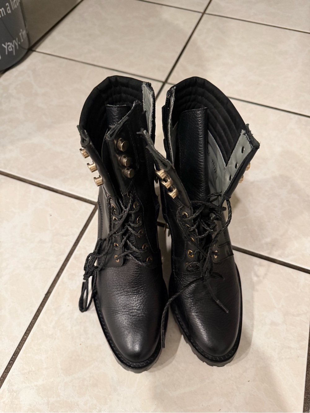 Women's Black Lace-Up Combat Boots with Gold Accents